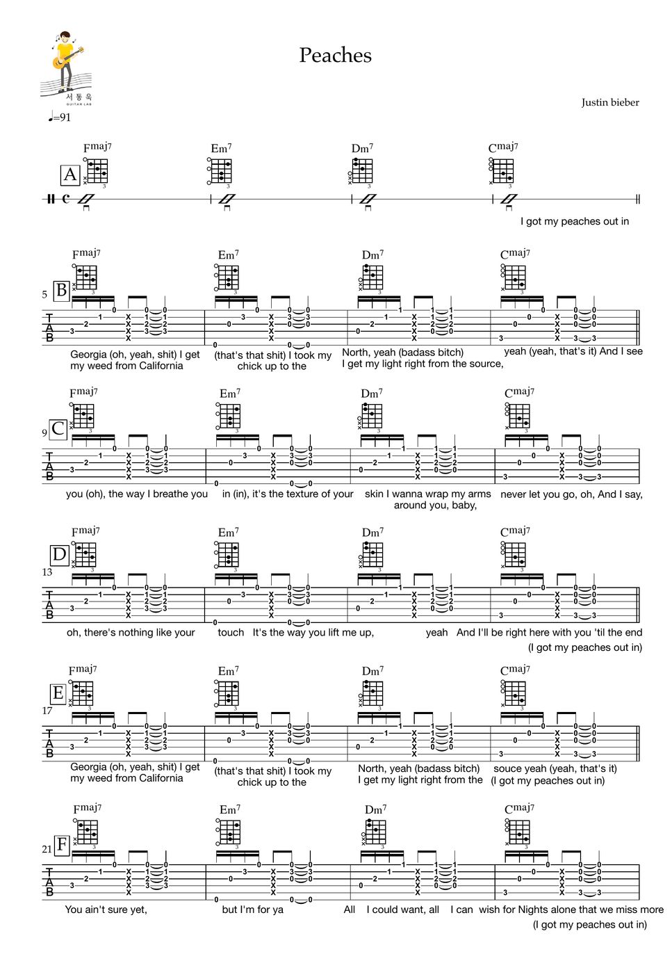 Justin Bieber Peaches (Feat. Daniel Caesar, Giveon) (Guitar TAB) TAB by 서동욱