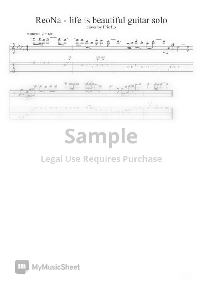 Reona Life Is Beautiful ライフ イズ ビューティフォーguitar Solo By Eric Lo Sheet Music