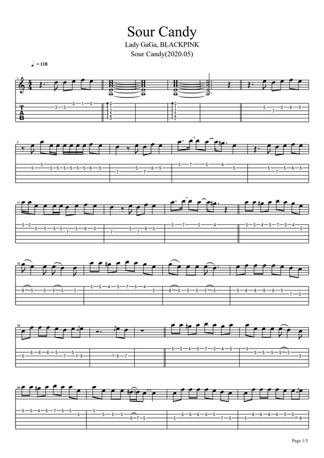 Lady Gaga, BLACKPINK Sour Candy Guitar cover Sheet Music