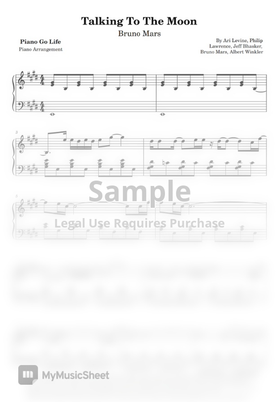 Bruno Mars - Talking To The Moon by Piano Go Life Sheet