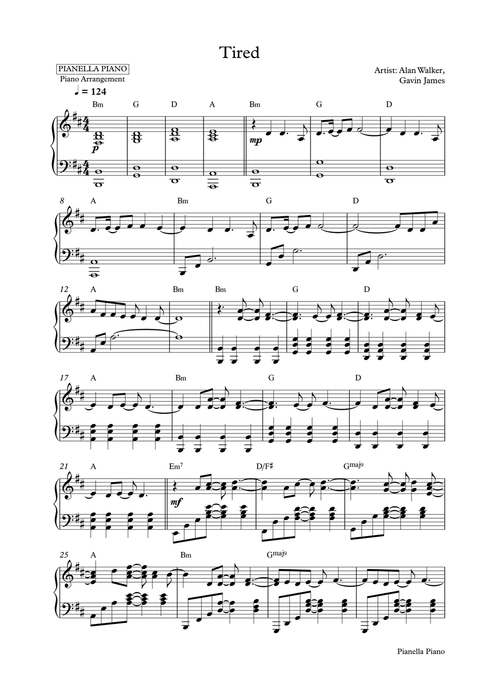 Alan Walker, Gavin James Tired (Piano Sheet) by Pianella Piano Partitura