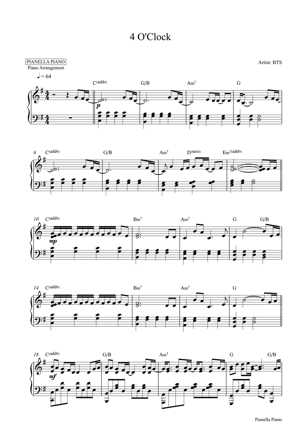 BTS 4 O'CLOCK (Piano Sheet) by Pianella Piano Hoja