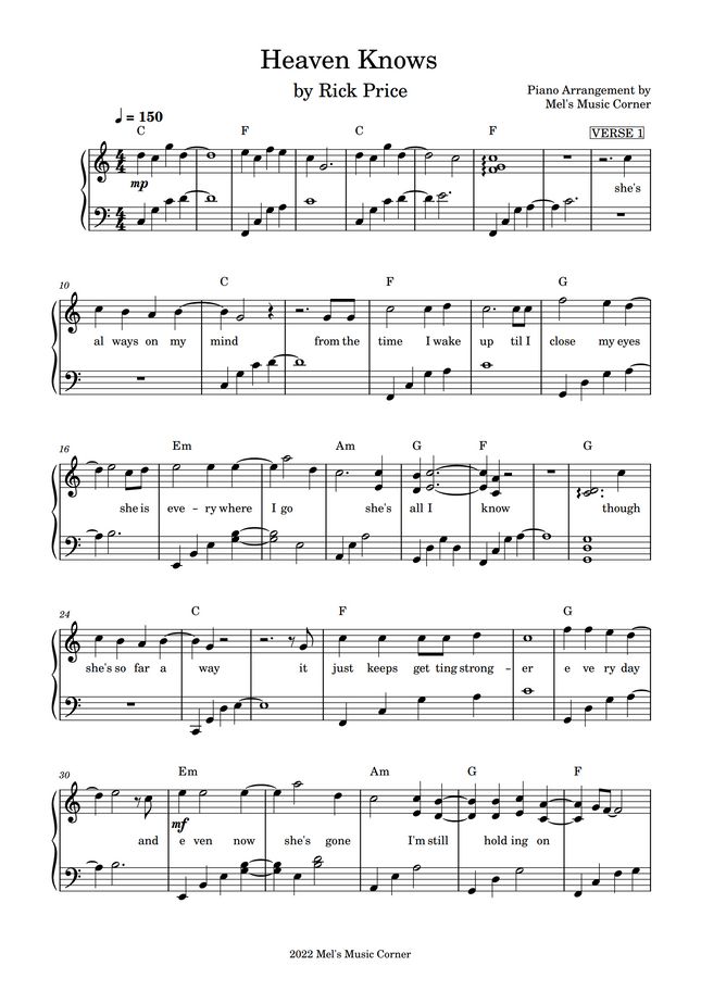 Rick Price Heaven Knows (piano sheet music) by Mel's Music Corner