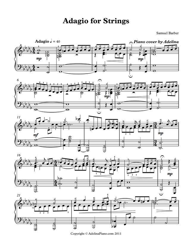 Samuel Barber Adagio For Strings by Adelina Piano Sheet Music