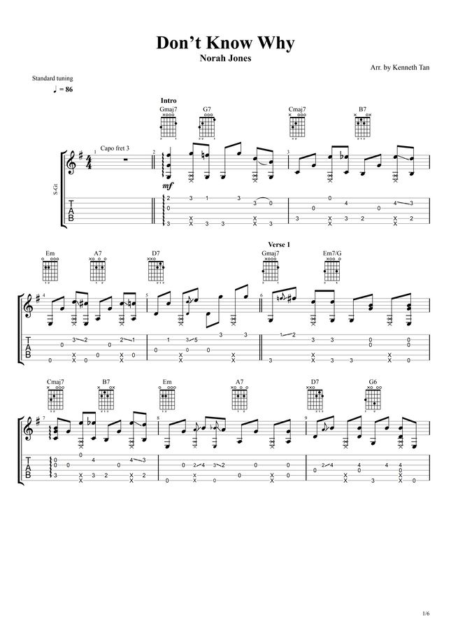 Norah jones don t know why fingerstyle guitar sheet music