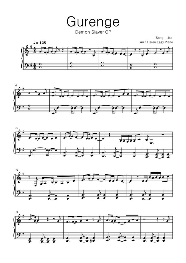 Demon Slayer OP Gurenge (Easy ver) by Haren Easy Piano Sheet Music