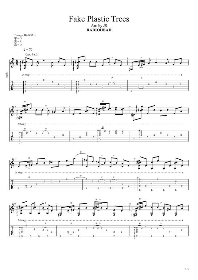 RADIOHEAD Fake plastic Trees by JSWAVE tab Sheet Music