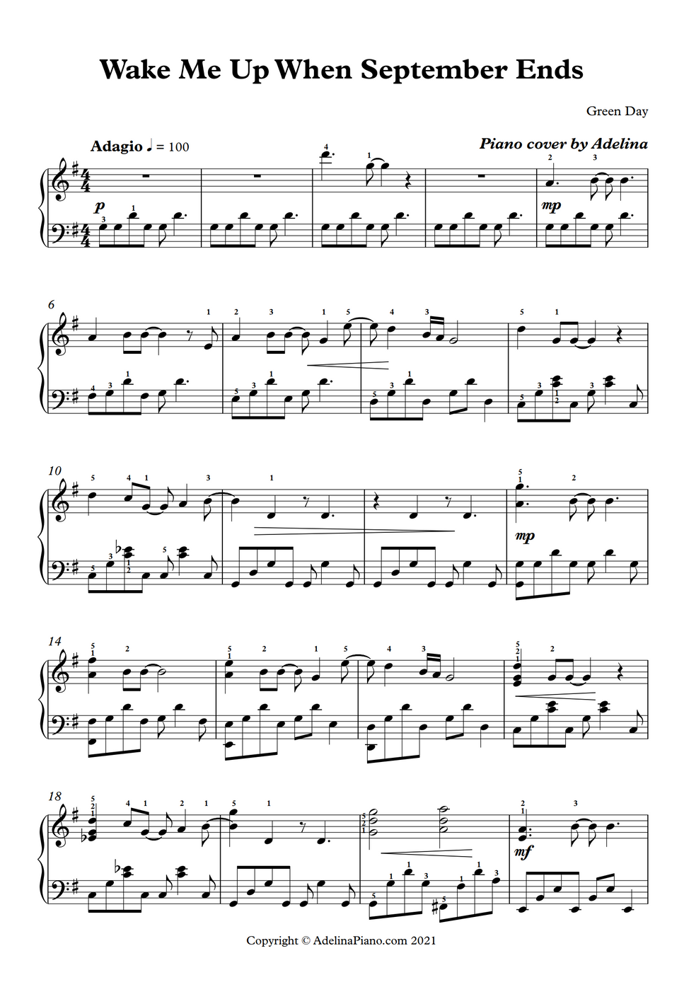 Green Day Wake Me Up When September Ends by Adelina Piano Notenblatt