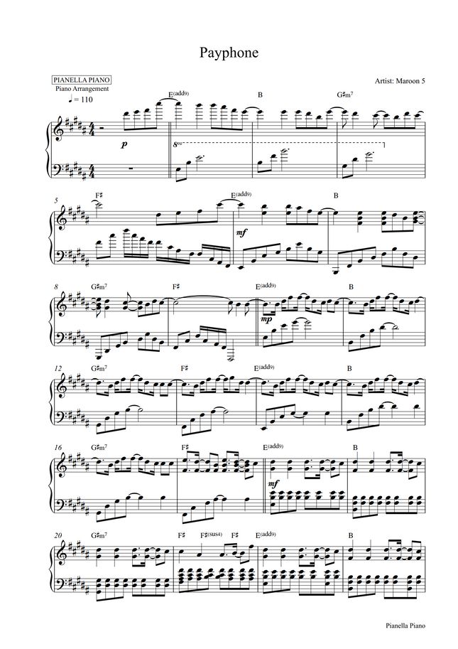 Maroon 5 ft. Wiz Khalifa Payphone (Piano Sheet) by Pianella Piano
