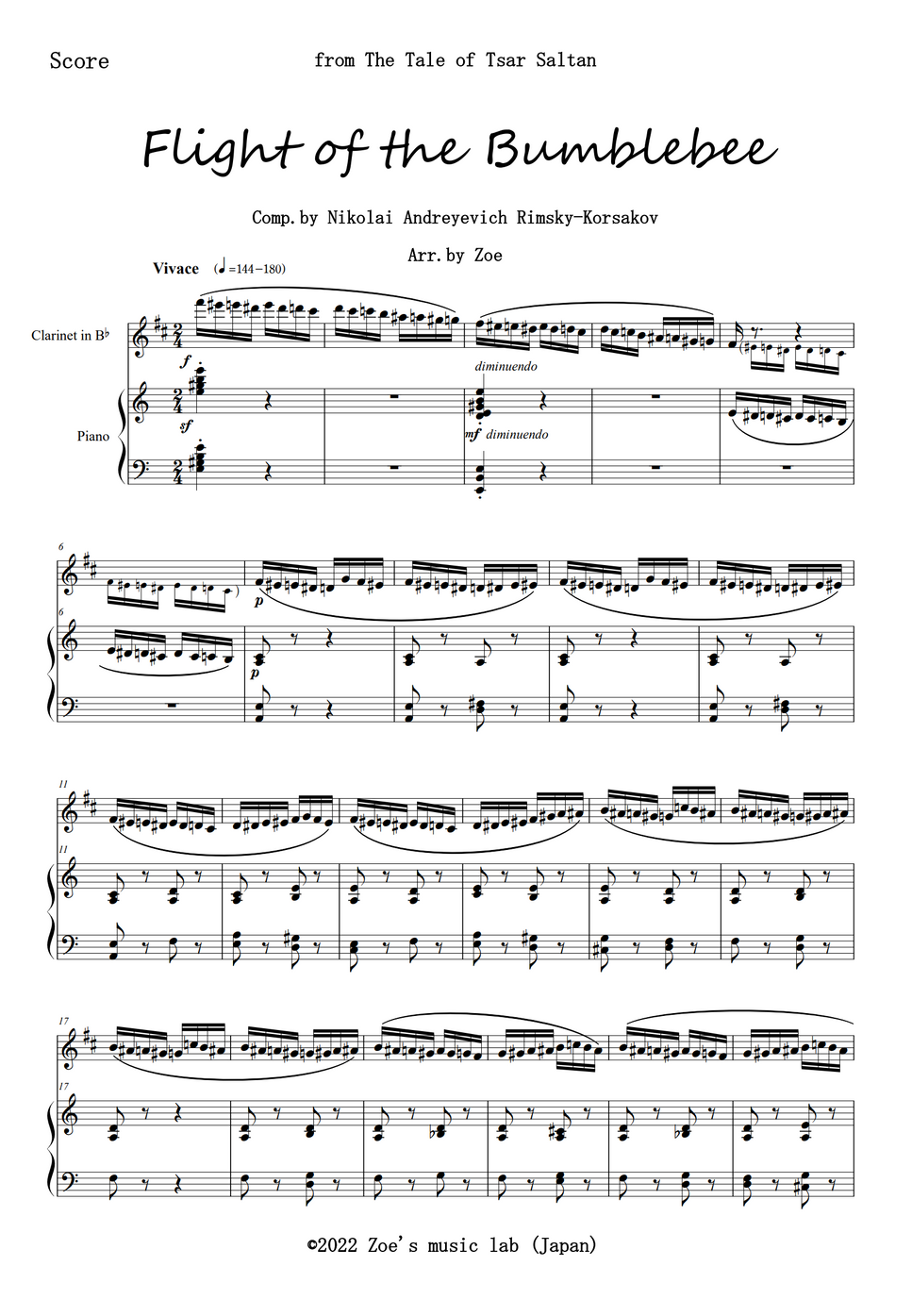 Rimsky-Korsakov - 熊蜂の飛行 for Clarinet inBb and Piano (Flight of the