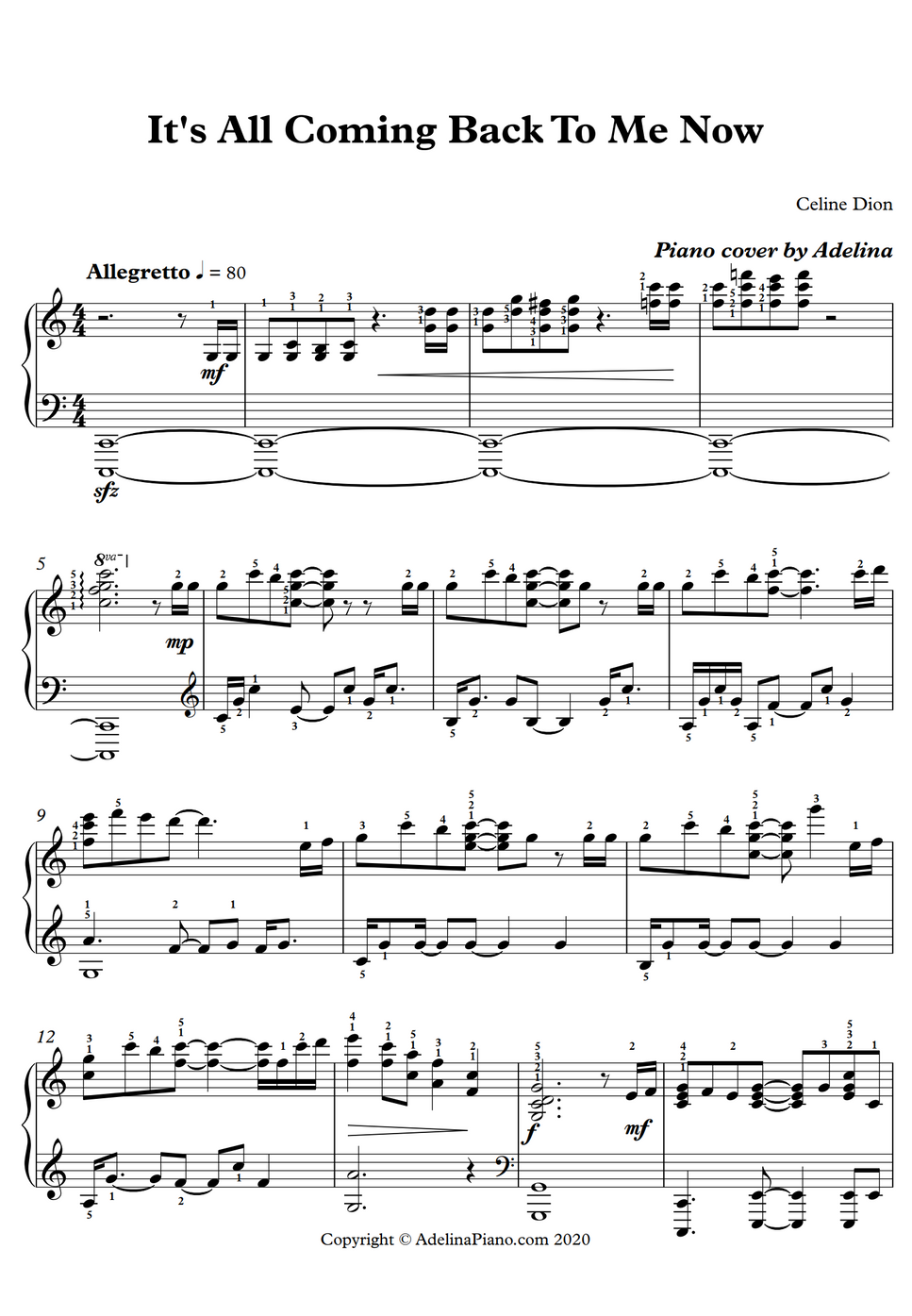 Celine dion it s all coming back to me now by adelina piano notenblatt