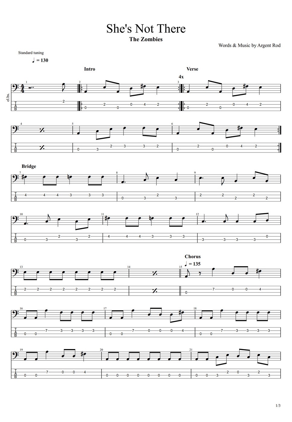 The Zombies - She's Not There by まっきん タブ + 五線譜 楽譜