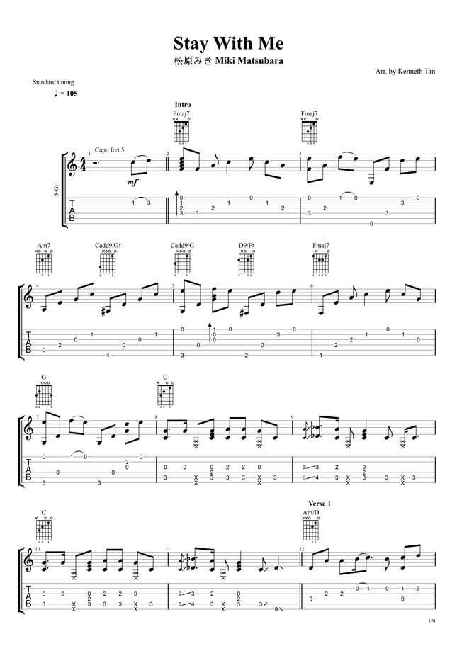 Miki Matsubara Stay With Me Fingerstyle Guitar Sheet Music