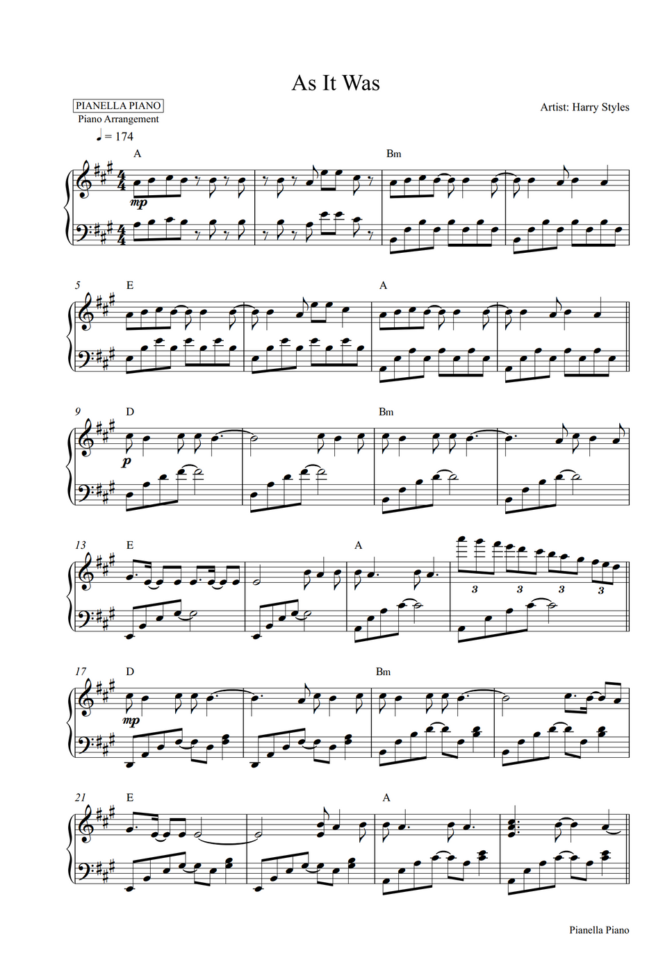As It Was Piano Sheet Music