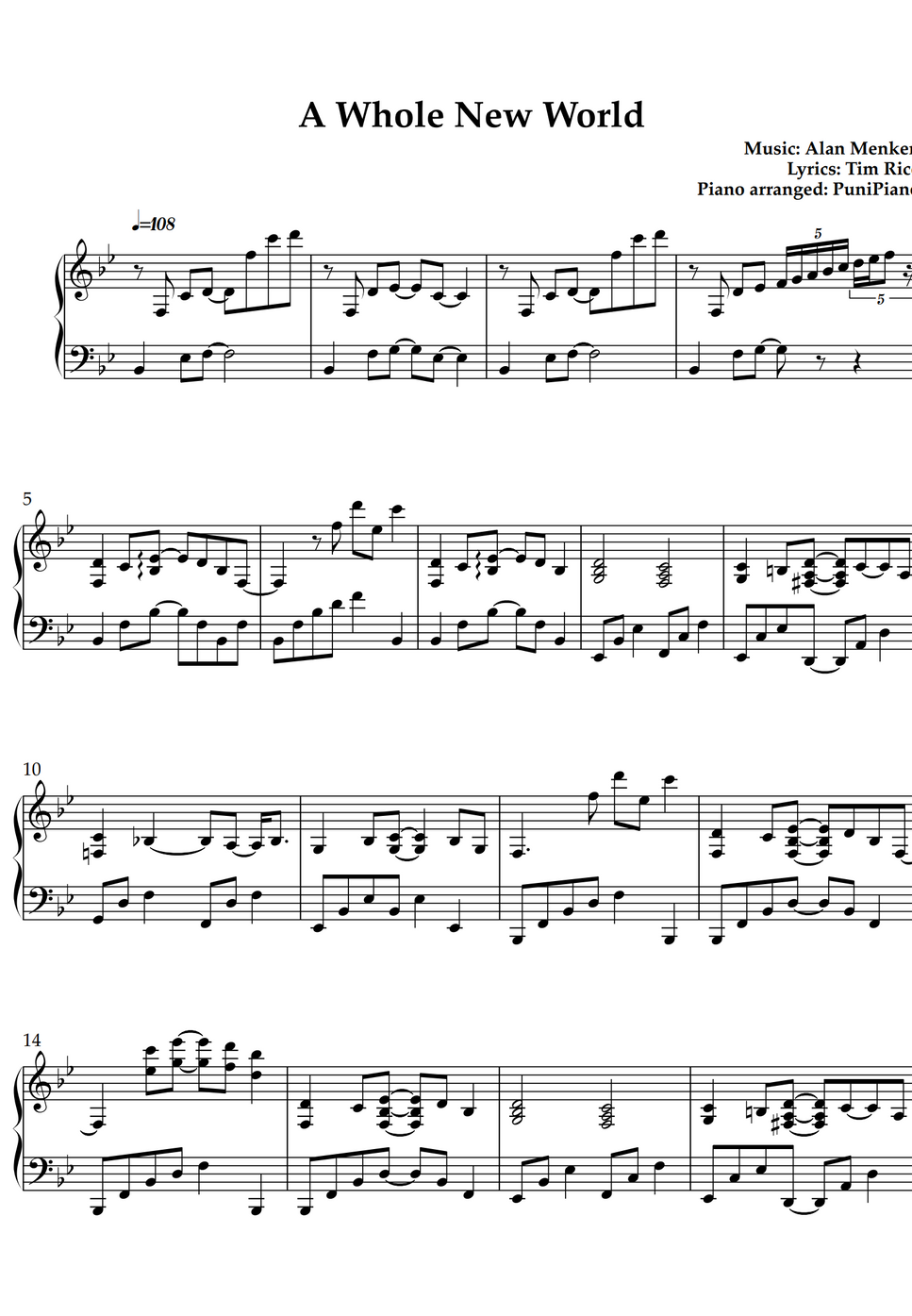 Peabo Bryson and Regina Belle A Whole New World by PuniPiano 樂譜