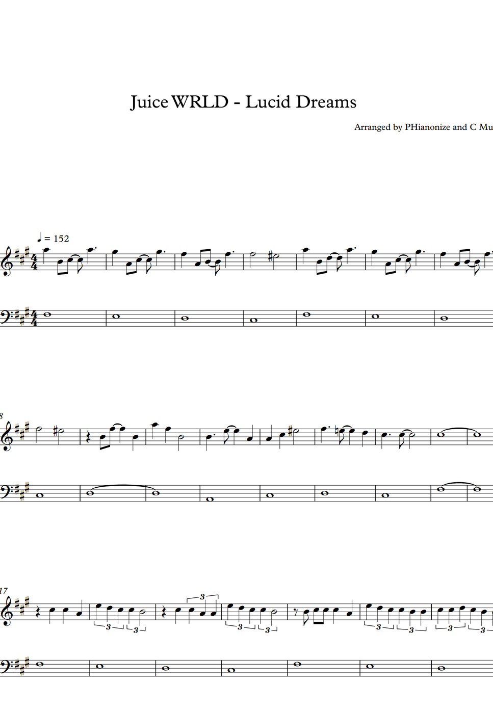 Juice wrld lucid dreams easy version by phianonize and c music sheet