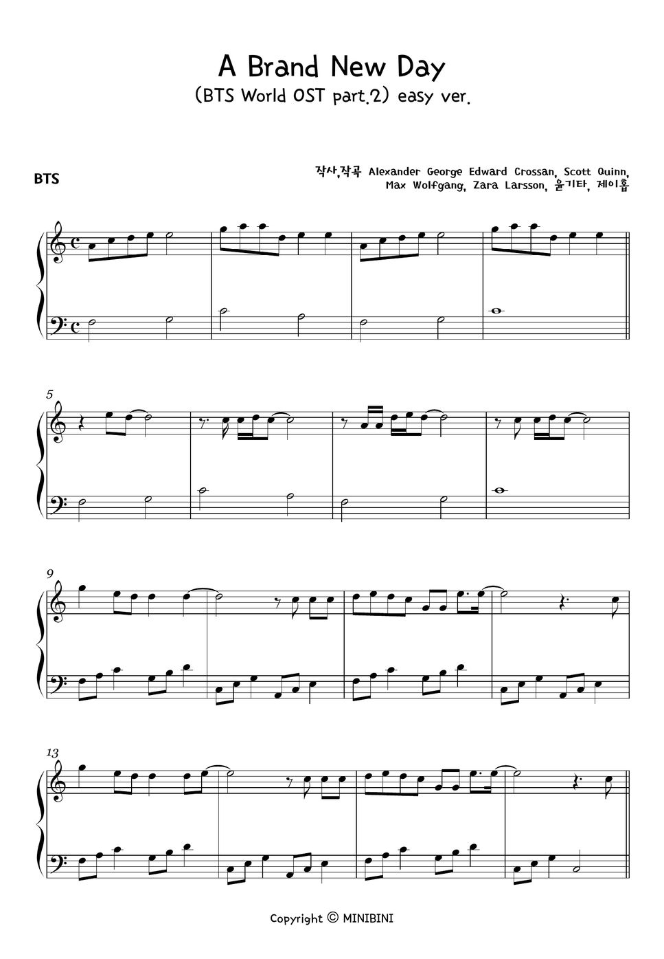 BTS A Brand New Day (BTS World OST Pt.2) feat. Zara Larsson [Easy Version] Partitura