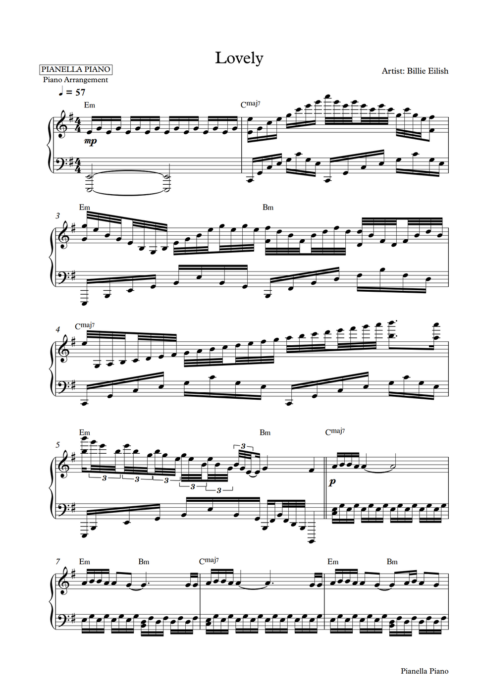 Billie Eilish Lovely Piano Sheet By Pianella Piano B n Nh c