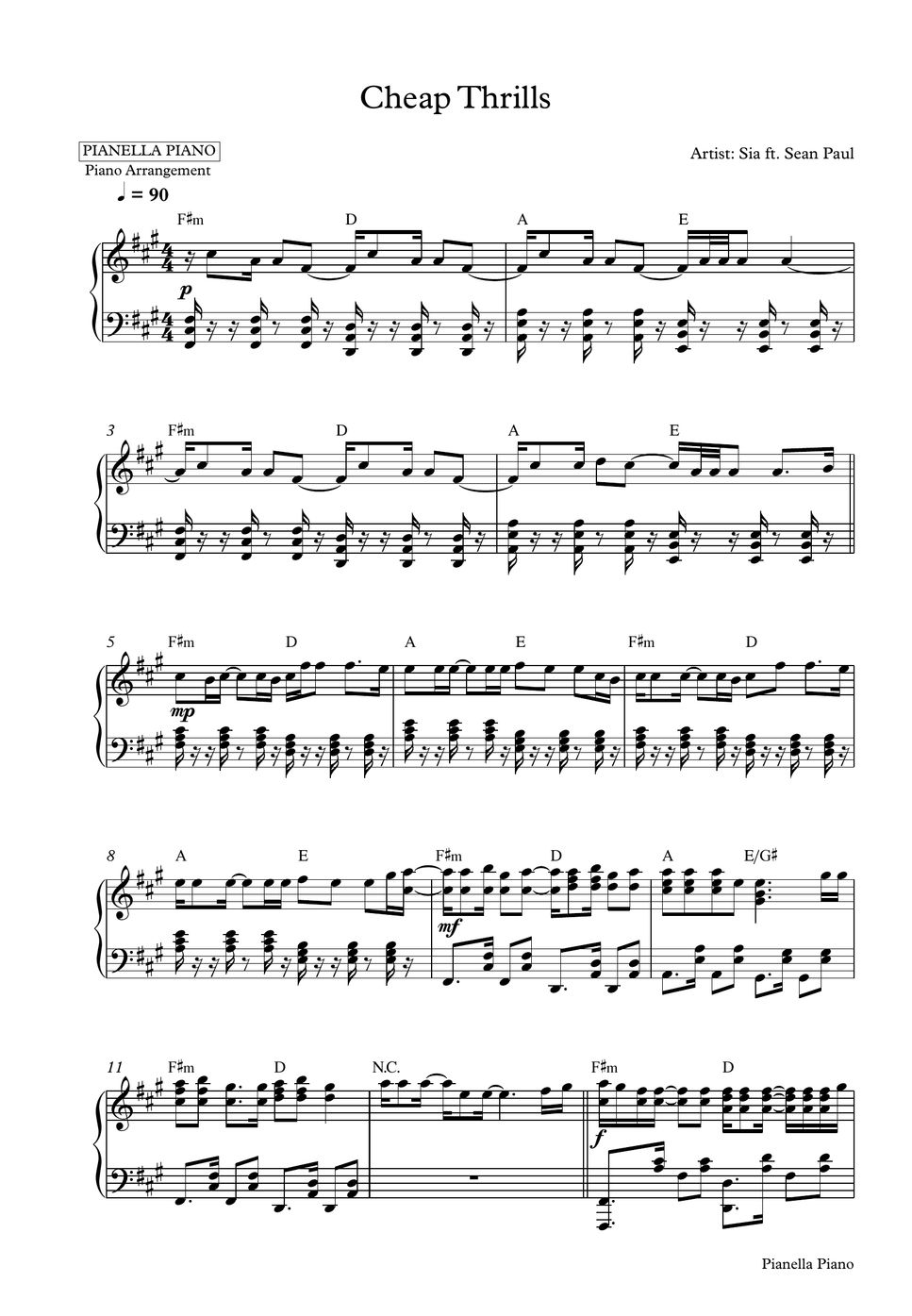 Sia ft Sean Paul Cheap Thrills (Piano Sheet) Nuty by Pianella Piano