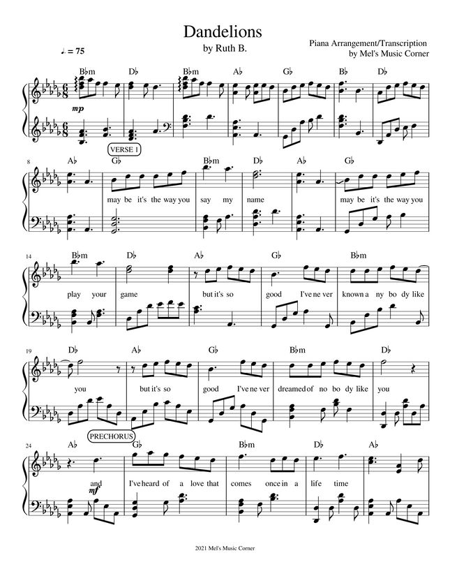 Ruth B. - Dandelions (piano sheet music) by Mel Music Corner Sheet Music