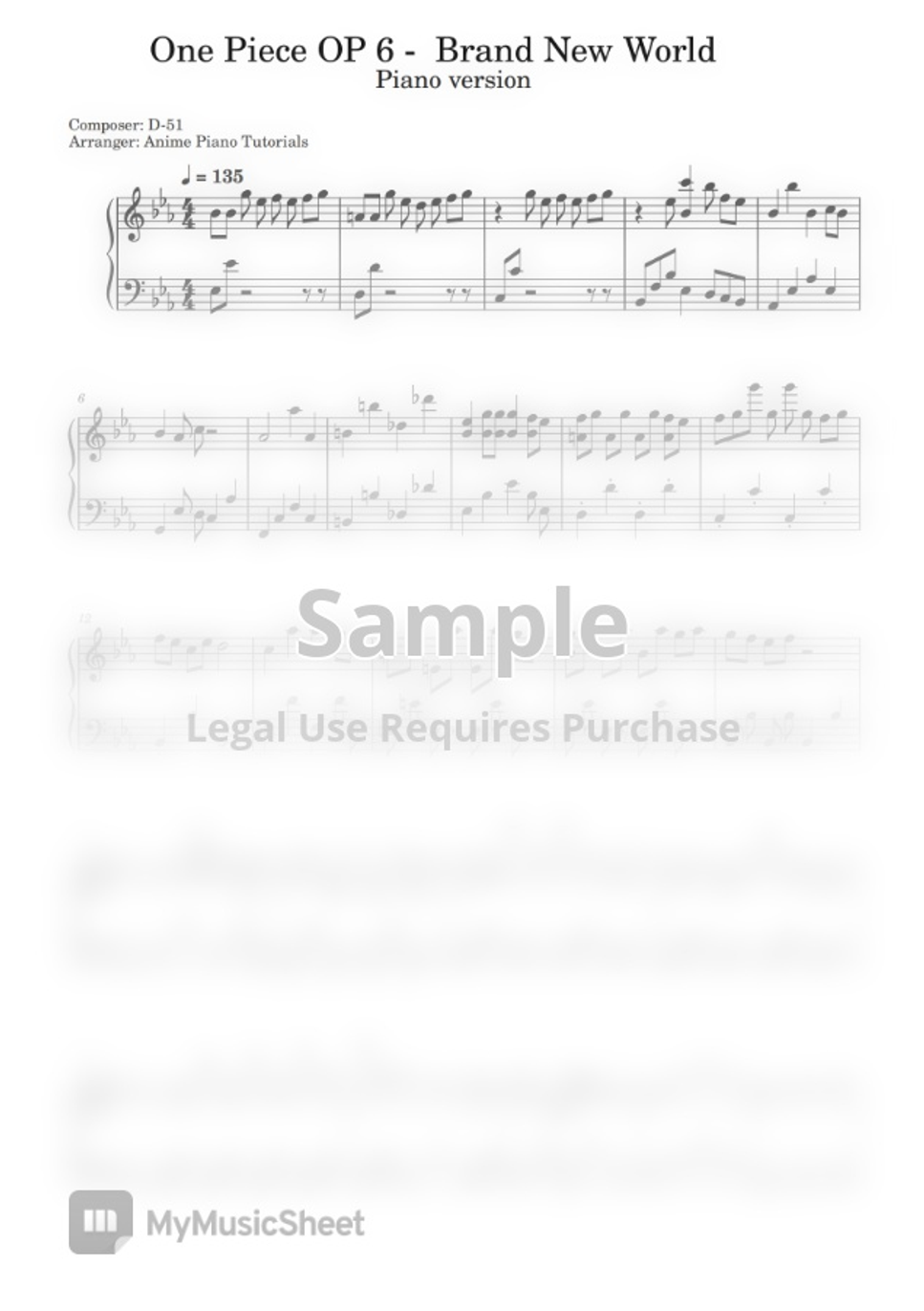 One Piece Brand New World One Piece Op 6 By Anime Piano Tutorials Sheet