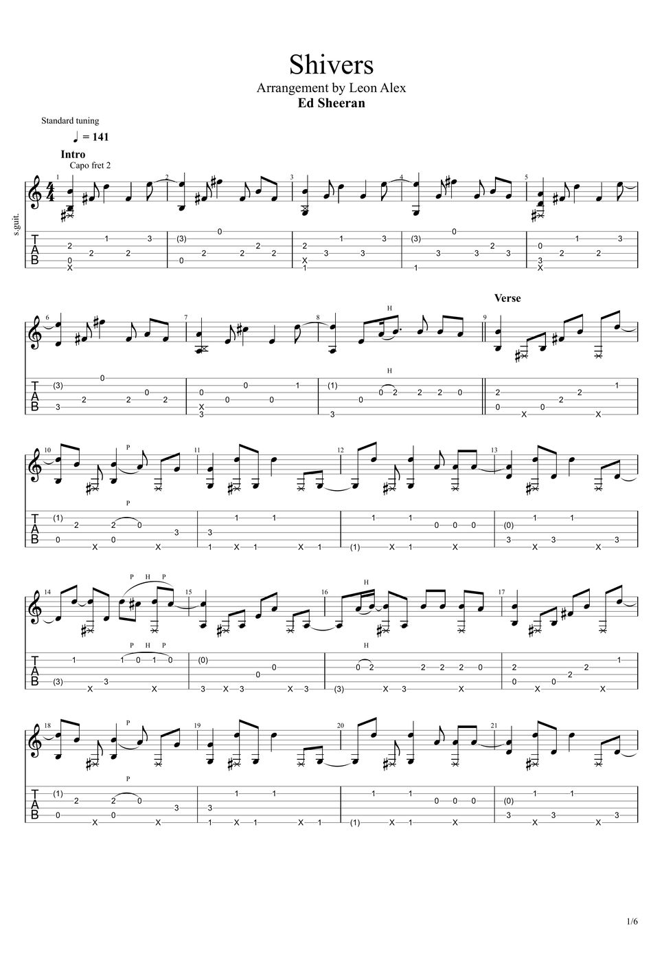 Ed Sheeran Shivers (Fingerstyle) TAB by Leon Alex