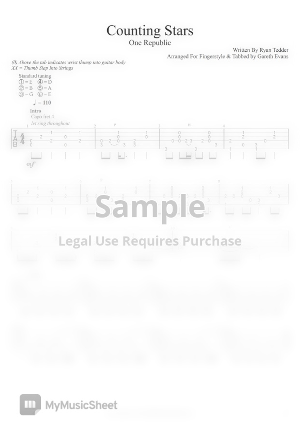 Onerepublic counting stars fingerstyle tab by gareth evans