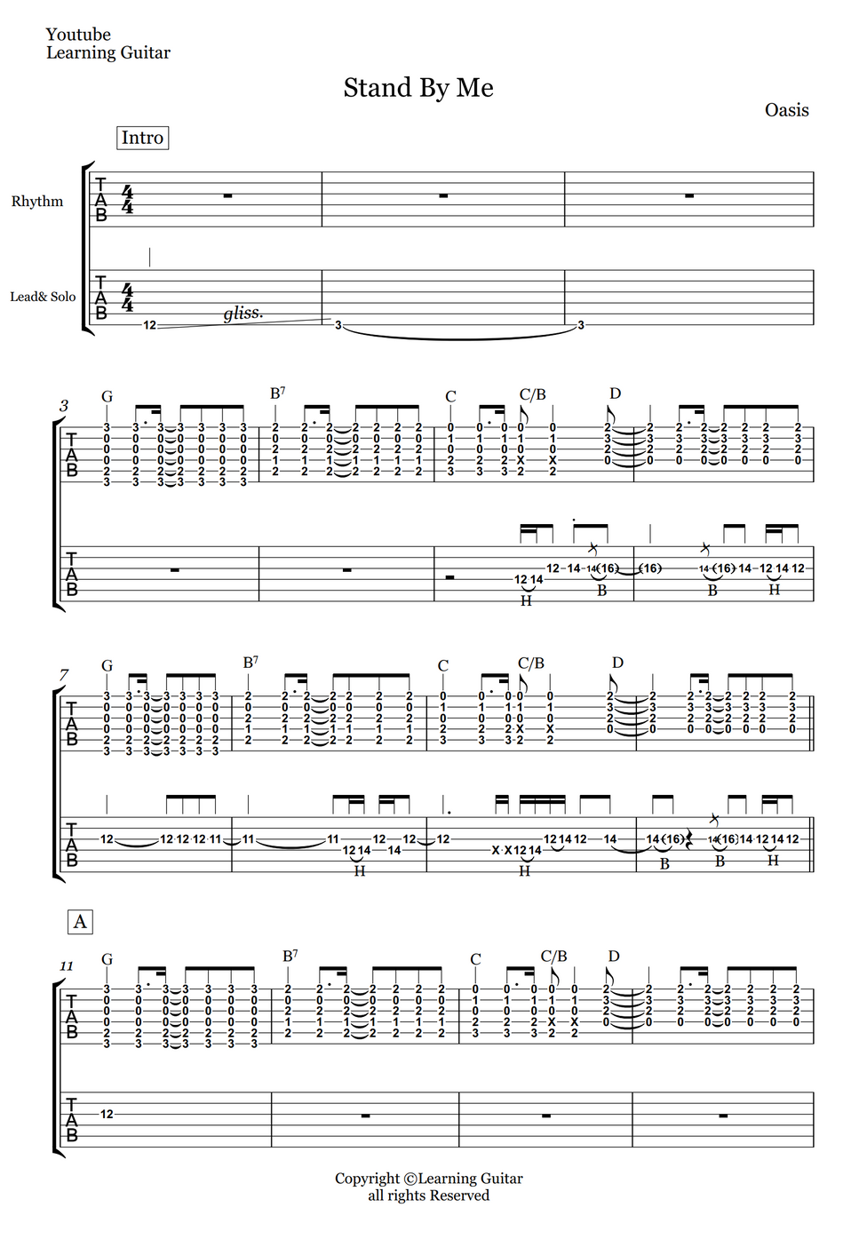 Oasis Stand By Me (Guitar TAB (Rhythm&Lead)) TAB by Learning Guitar