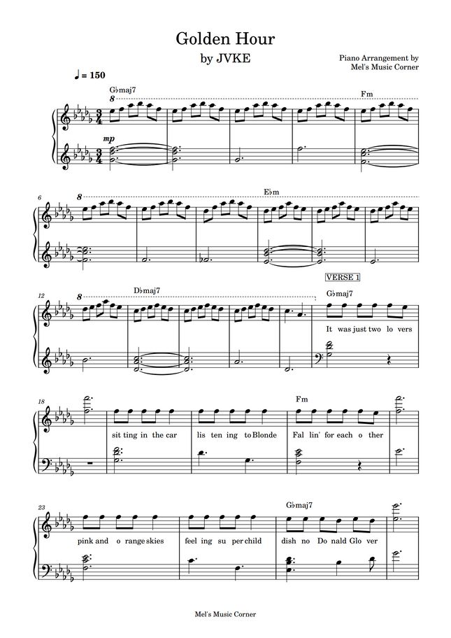 JVKE - Golden Hour SLOWER VERSION, LOWER KEY (piano sheet music) by Mel