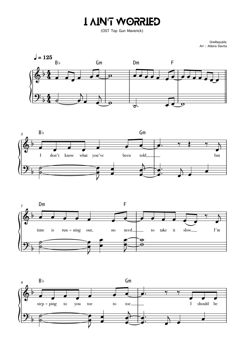 Onerepublic i ain t worried ost top gun maverick by aldora davita sheet