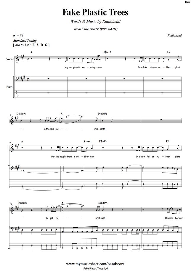 Radiohead Fake Plastic Trees Bass Sheet Music