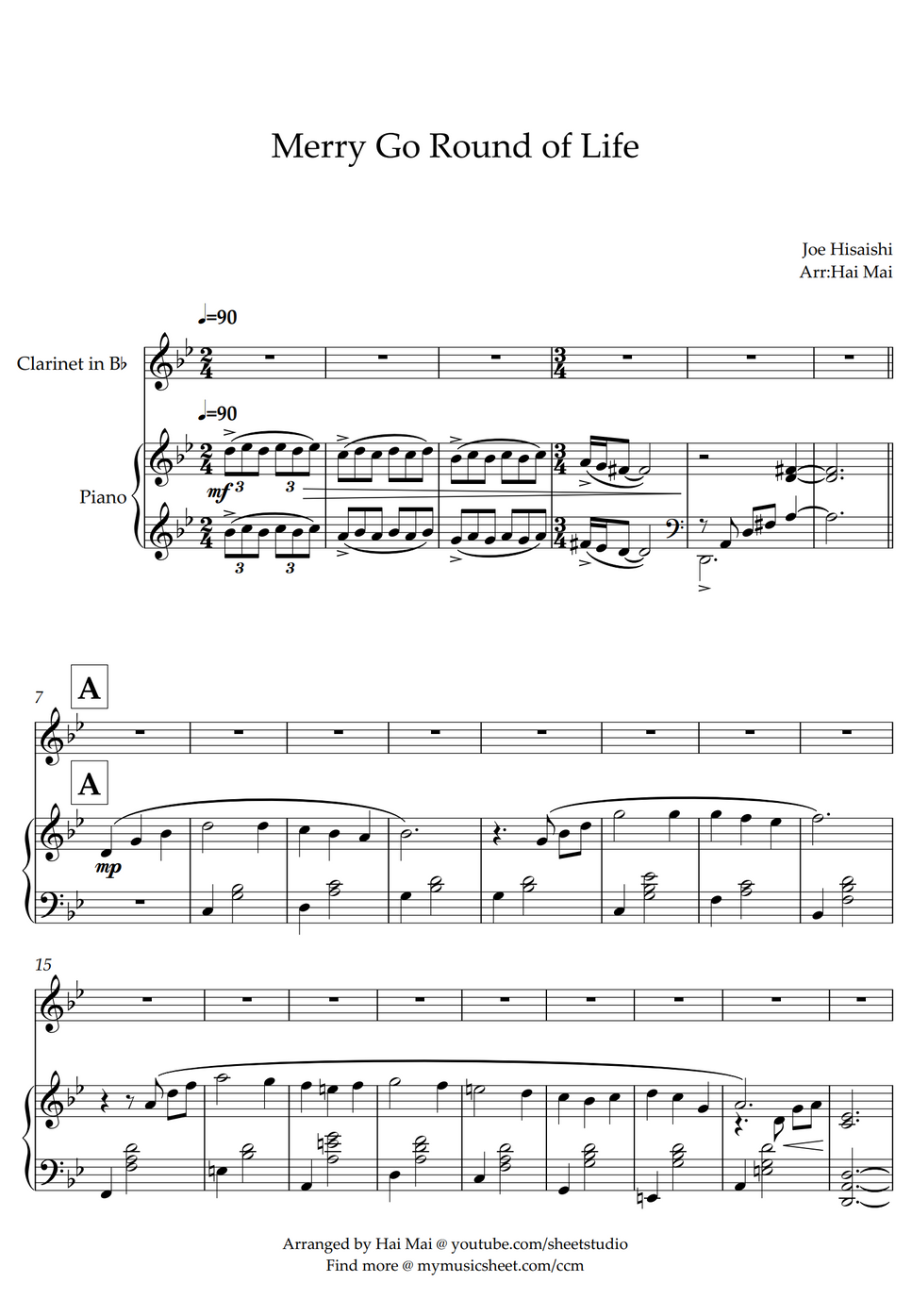 Joe Hisaishi Merry Go Round of Life for in Bb (easy) and