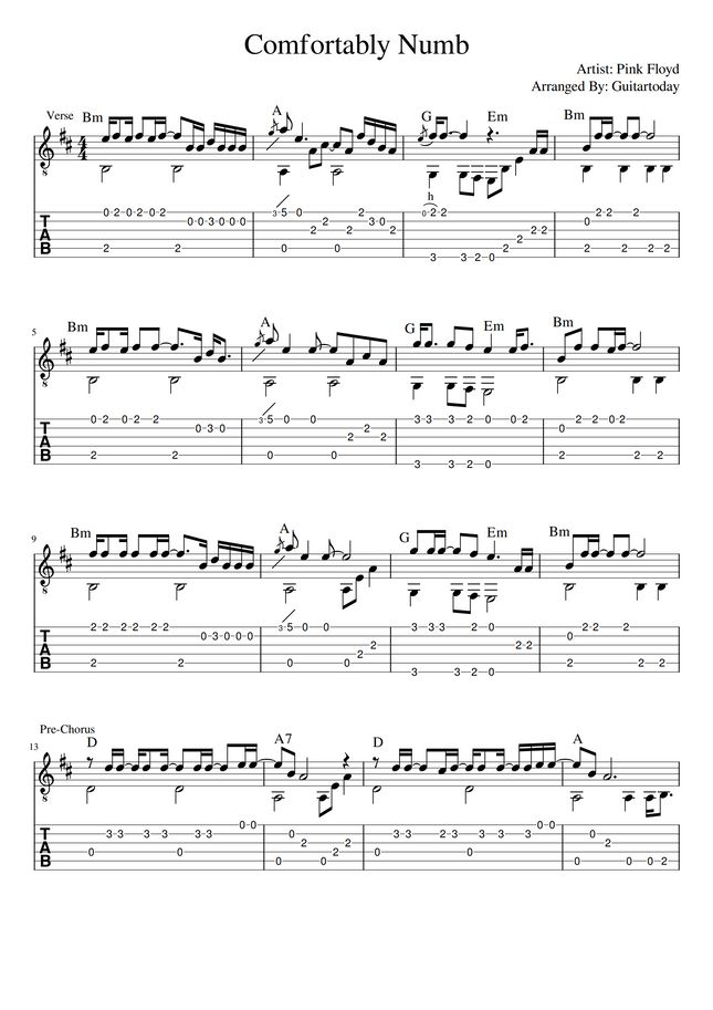 Pink Floyd Comfortably Numb Sheet Music 