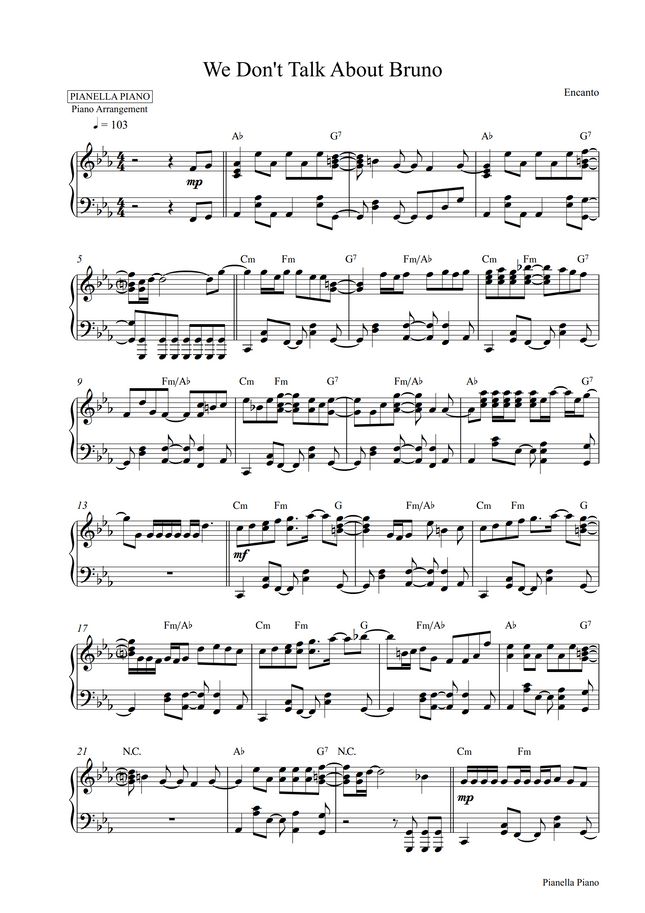 Encanto We Don't Talk About Bruno (Piano Sheet) by Pianella Piano