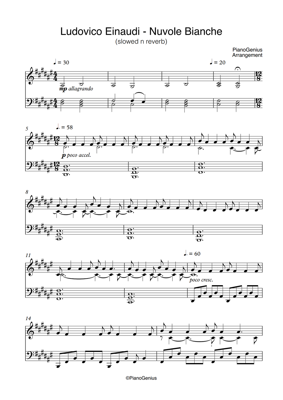 Ludovico Einaudi Nuvole Bianche Sheet Music Piano Ludovico Einaudi - Nuvole Bianche (slowed) by PianoGenius Sheet