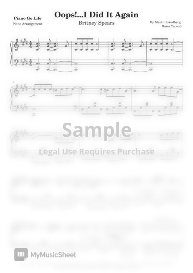 Britney Spears Oops!...I Did It Again by Piano Go Life Sheet Music