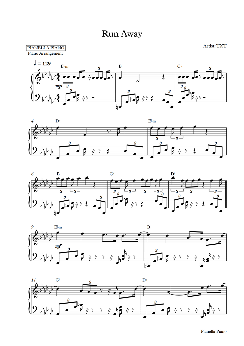 TXT Run Away (Piano Sheet) by Pianella Piano楽譜