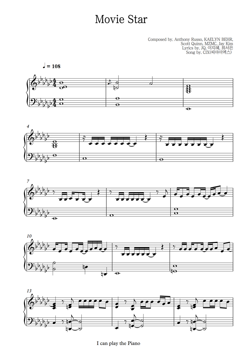 CIX Movie Star by I can play the Piano Sheet