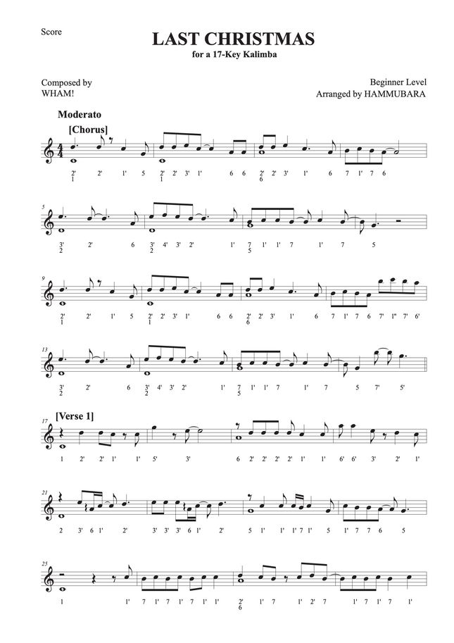 Wham! Last Christmas EASY (kalimba) by Hammubara Sheet Music