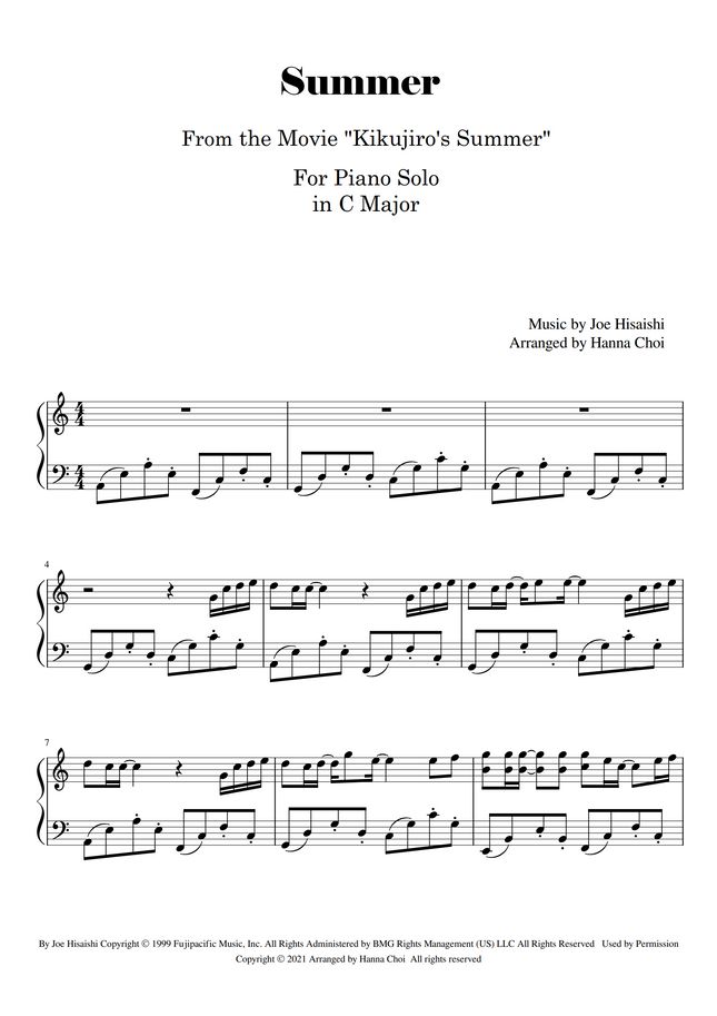 Joe Hisaishi Summer (Kikujiros Summer 키쿠지로의 여름)in C Major (Piano Solo