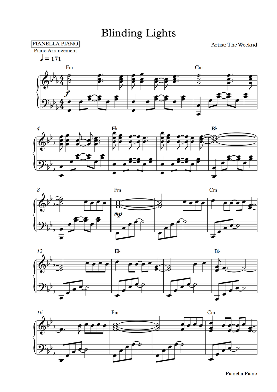 The Weeknd Blinding Lights (Piano Sheet) by Pianalla Piano Partition musicale