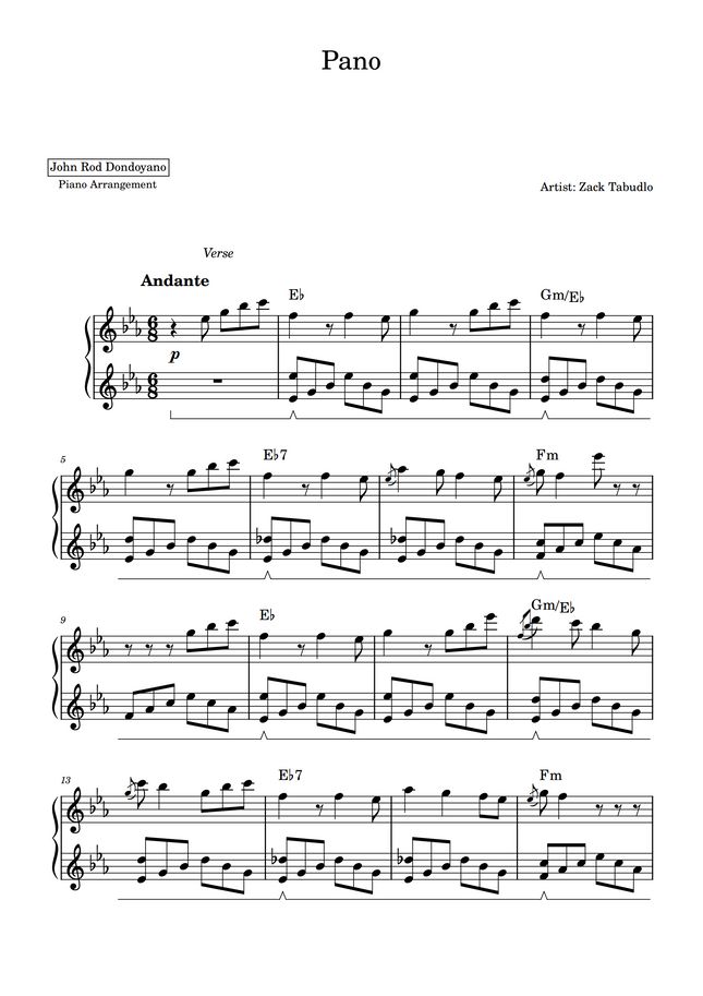 Zack Tabudlo - Pano (PIANO SHEET) by John Rod Dondoyano Sheet