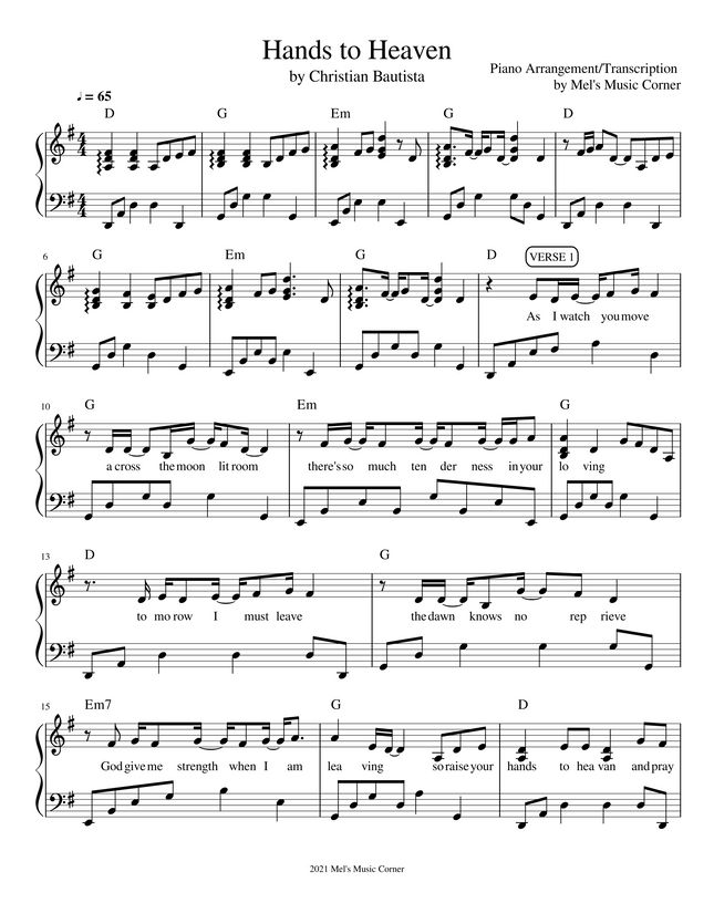 Breathe Hands to Heaven (piano sheet music) by Mel's Music Corner