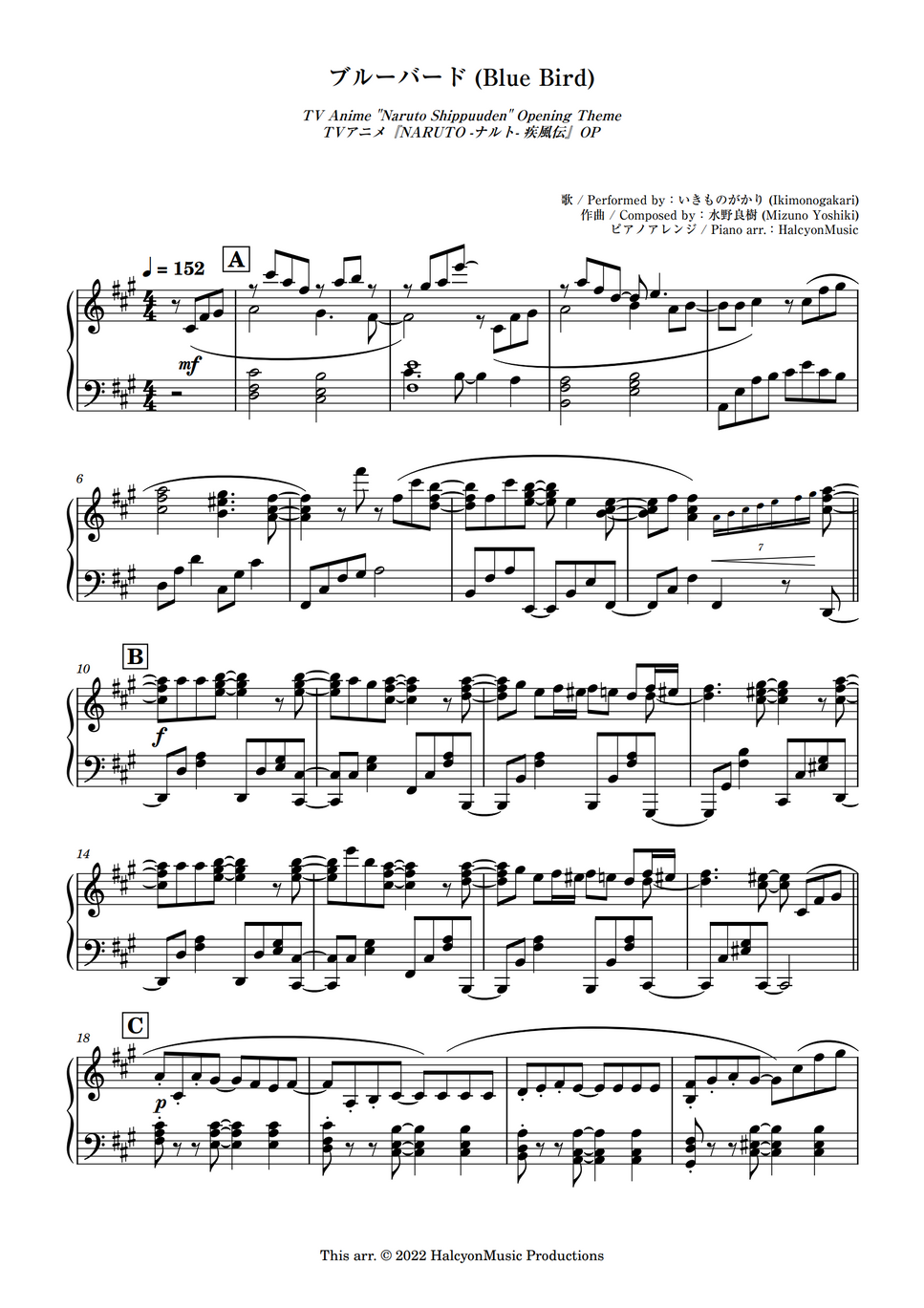 Ikimonogakari Blue Bird Naruto Shippuden Op3 By Halcyonmusic Sheet