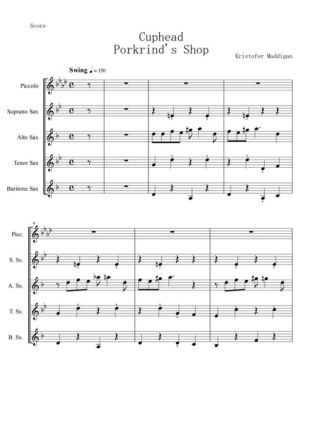 Cuphead Porkrind's Shop (Sax Quartet) Sheet Music