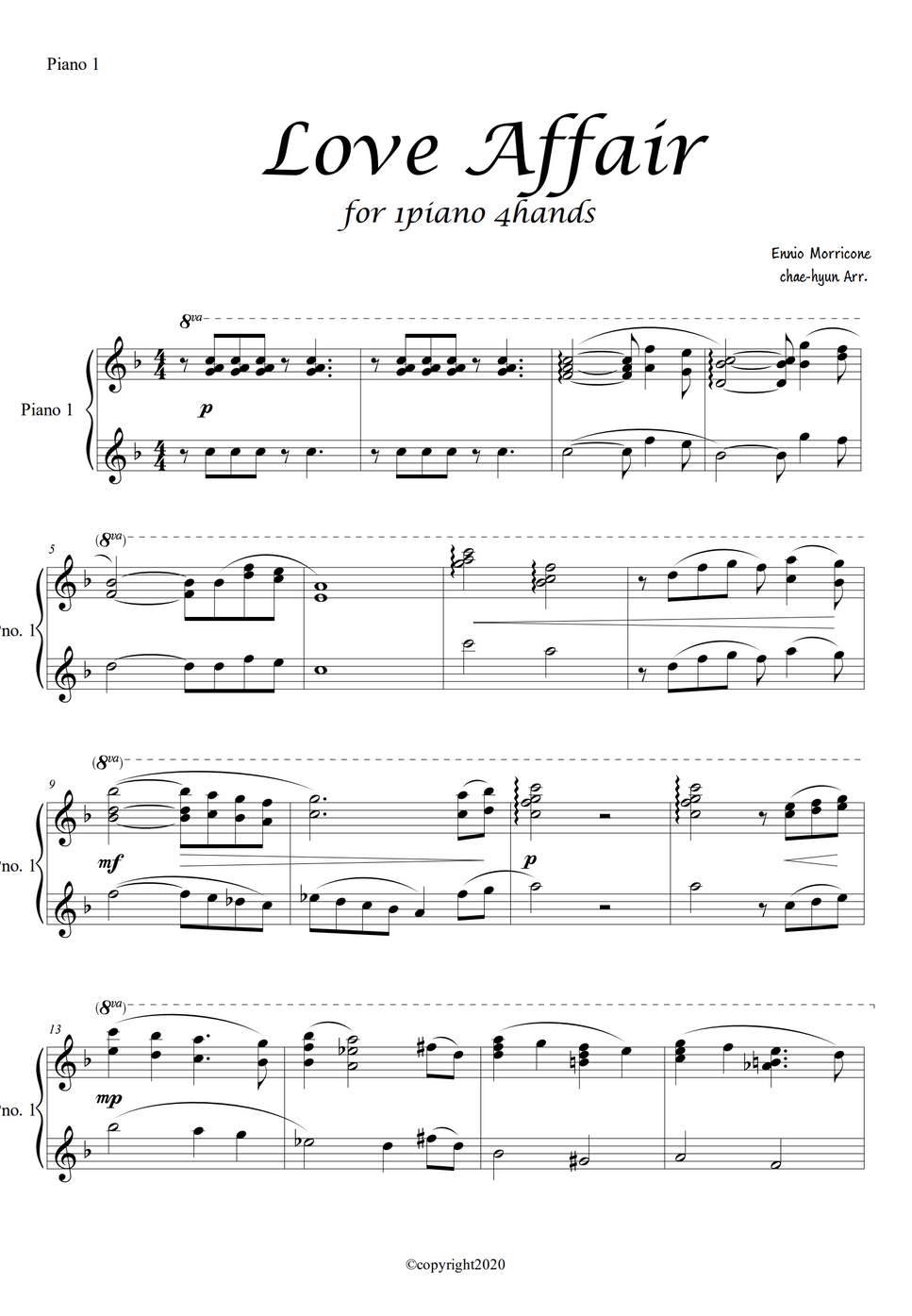 Ennio Morricone Love Affair (1piano 4hands) by Chae Hyun Partitura