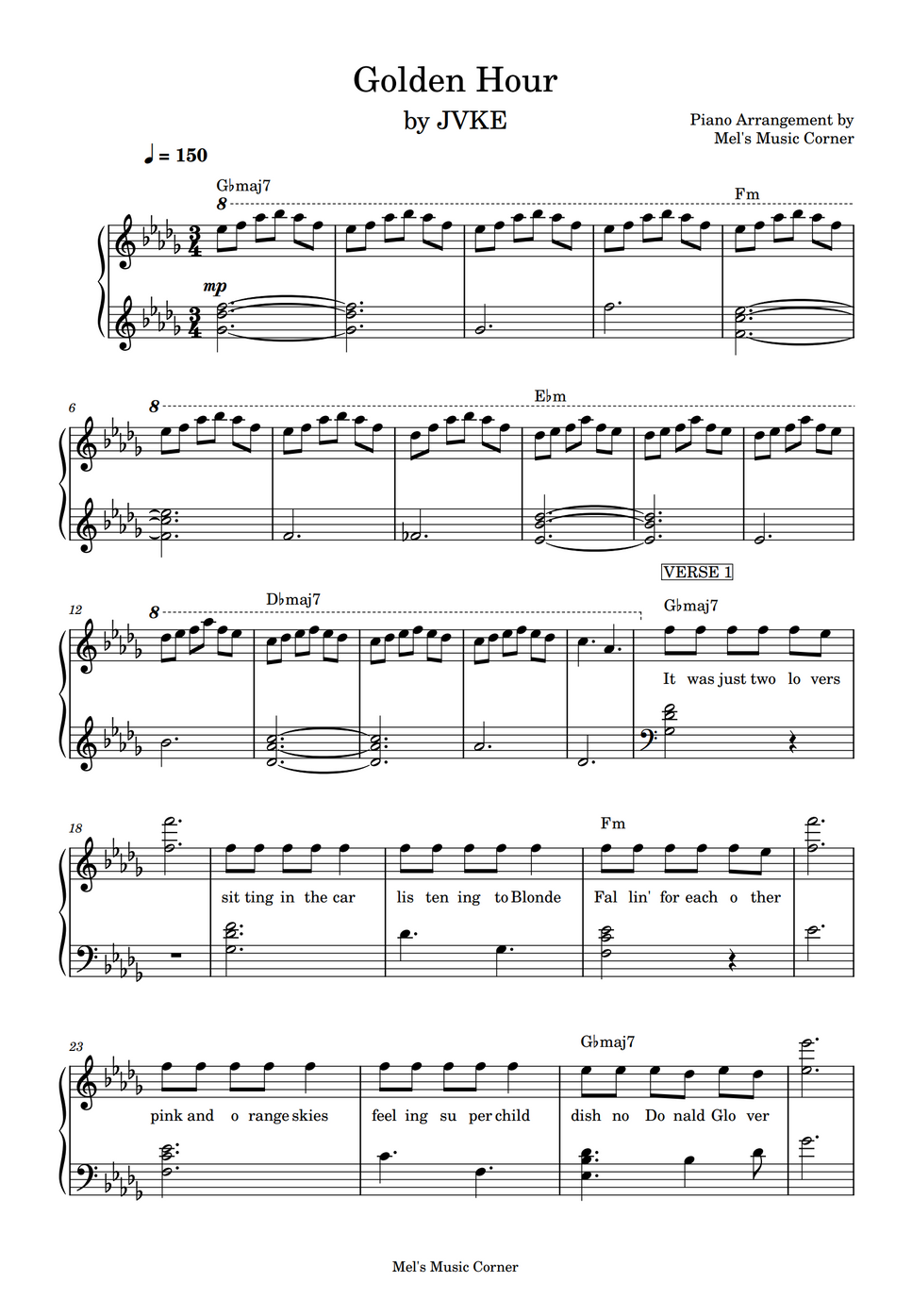 JVKE Golden Hour SLOWER VERSION, LOWER KEY (piano sheet music) by Mel's Music Corner 악보