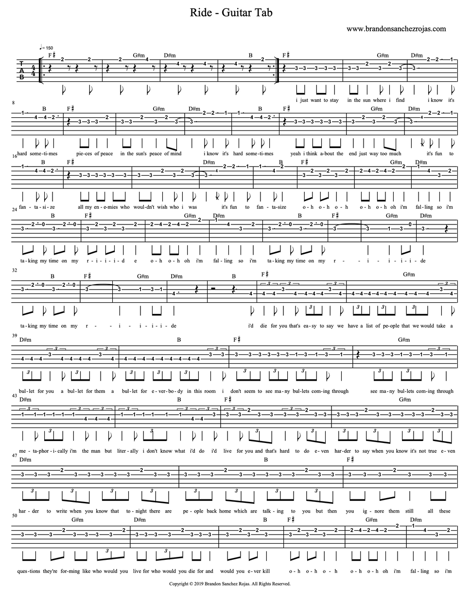 Ride, twenty one pilots Guitar Tab Sheet