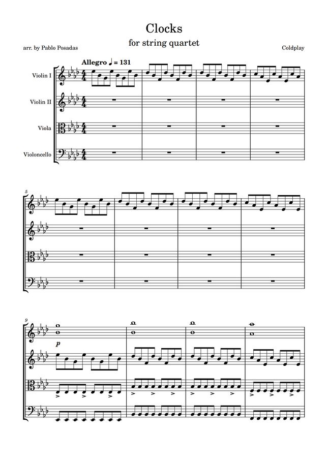 Coldplay Clocks (String quartet) by Thec P Sheet Music