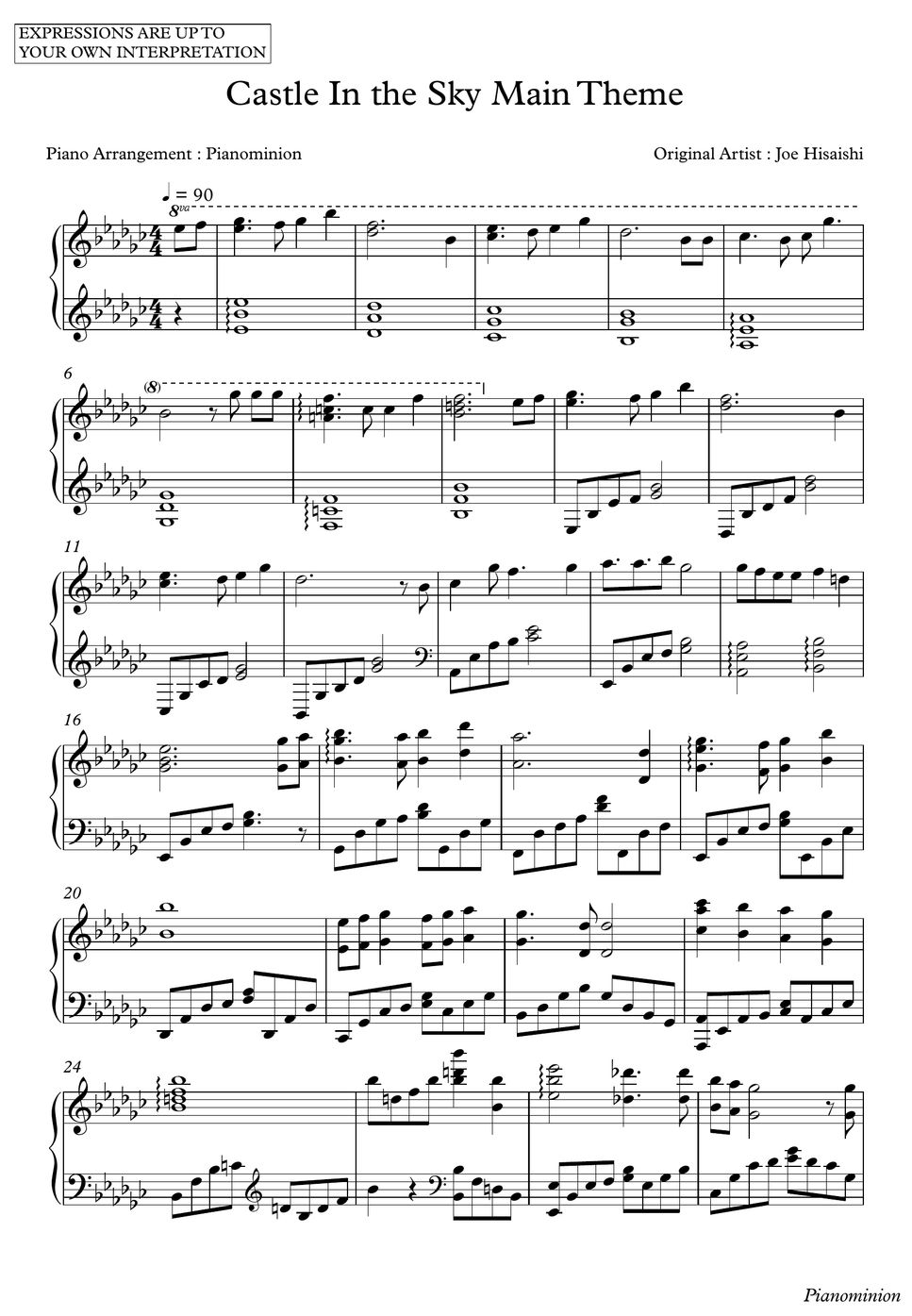 Joe Hisaishi Castle in the Sky Main Theme نوتة by Pianominion
